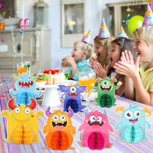 Vista 5 de 9 juegos de centros de mesa de monstruo de panal de abeja para fiestas de cumpleaños, decoración de mesa de cumpleaños con temática de monstruos