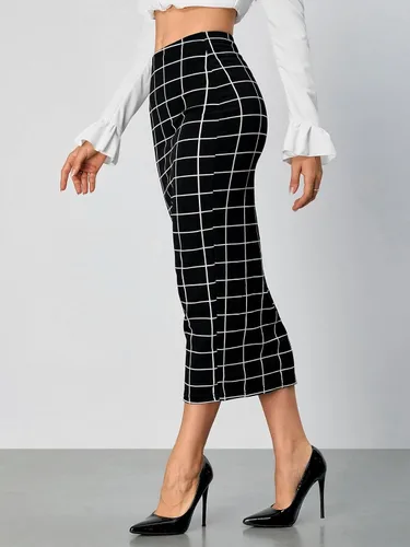 Vista 3 de Verdusa Elegante falda de largo medio a cuadros con cintura elástica para mujer