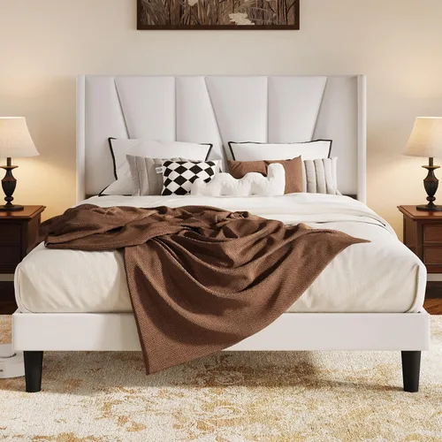 Vista 16 de HOOMIC Base de cama tapizada de tamaño matrimonial con cabecera geométrica moderna con respaldo de ala, listones de madera, no necesita somier, base