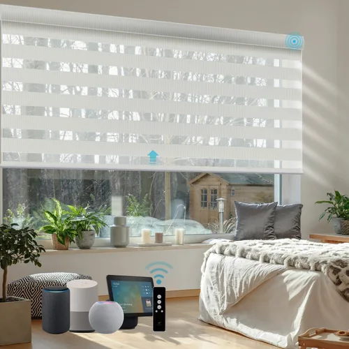 Vista 18 de SmartWings Persianas motorizadas de cebra con cenefa funcionan con Homekit Thread Alexa Z-Wave Smart de doble capa con control remoto, persiana
