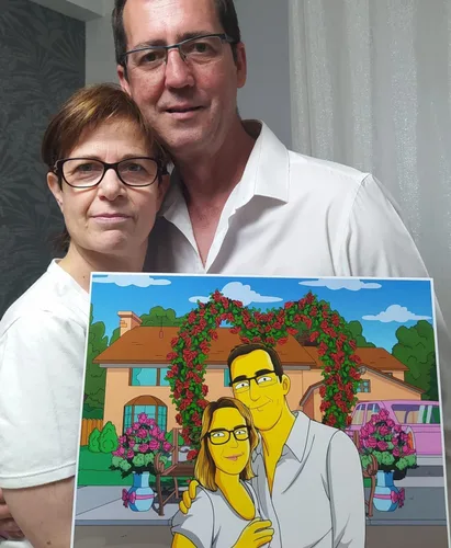 Vista 3 de Retrato personalizado estilo Los Simpsons de dibujo animado a partir de tu foto – Medio cuerpo – Prueba en 24 horas – Póster impreso o lienzo
