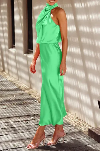 Vista 9 de PRETTYGARDEN Vestido de satén de verano 2023 para mujer, elegante, sin mangas, con cuello alto falso, para cóctel, fiesta, maxi vestidos