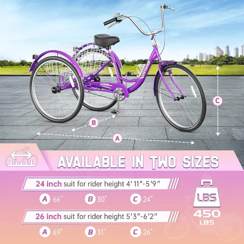 Vista 2 de Outroad - Triciclo Comfort de 24/26 pulgadas, triciclo de crucero de 1 velocidad, bicicletas de 3 ruedas con cesta grande para personas mayores