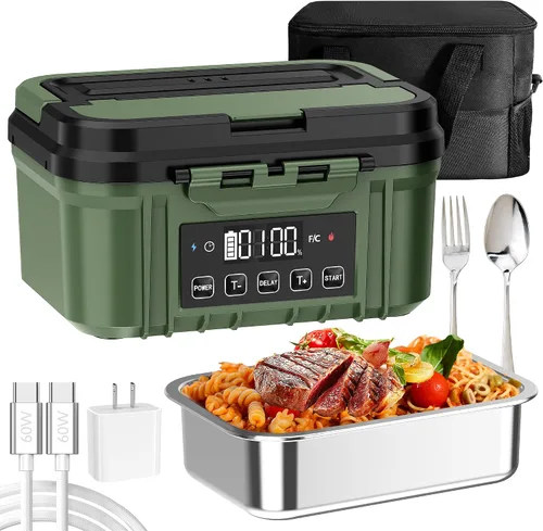 Vista 10 de Fiambrera eléctrica inalámbrica para adultos – Fiambrera calentada a batería con recipiente de acero inoxidable de 1.2 L, función de temporizador