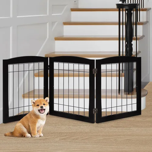Vista 13 de LZRS Puerta plegable independiente de madera para perros de 2 paneles, madera maciza y alambre de acero, barrera para mascotas resistente a