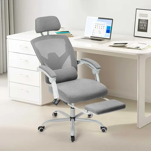 Vista 8 de Silla ergonómica de escritorio para computadora de oficina con almohada lumbar y reposapiés retráctil, sillones giratorios de malla con respaldo