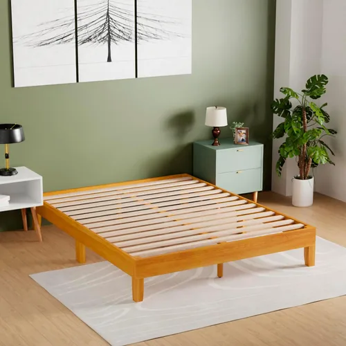 Vista 7 de PayLessHere Marco de cama de madera con plataforma tamaño Queen, sin cabecero, no necesita somier, listones de madera, soporte sin ruido, fácil