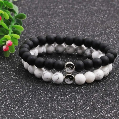 Vista 3 de Moda hombres mujeres Taiji Yin Yang Feng Shui Charm pulsera natural blanco turquesa y negro cuentas parejas pulseras amistad distancia pulsera