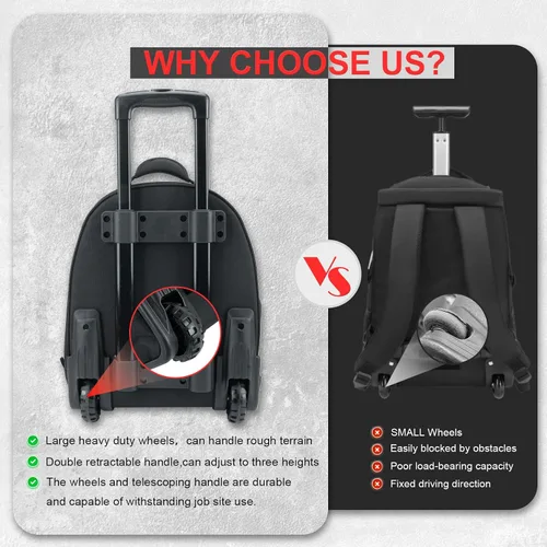 Vista 5 de MELOTOUGH Bolsa de herramientas rodante con ruedas, gran bolsa de herramientas resistente para hombres con 35 bolsillos y mango telescópico