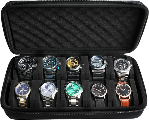 Vista 2 de Caja de almacenamiento de 10 ranuras para relojes, bolsa de viaje para relojes dura con almohada suave, organizador de exhibición de relojes, apto