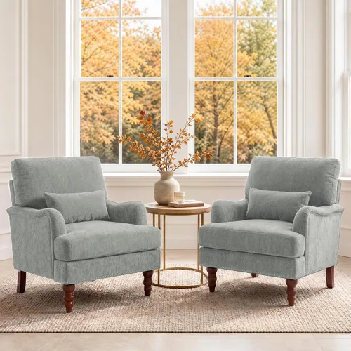 Vista 6 de Mid-Century - Silla decorativa moderna con almohada lumbar, color gris Chenille Gris Claro