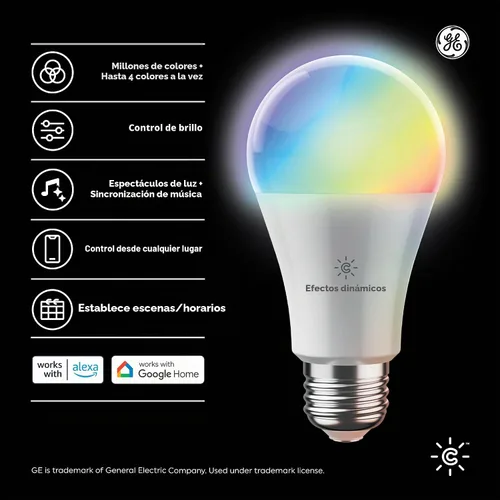 Vista 2 de Bombillas inteligentes GE Cync con efectos dinámicos LED A19, luces inteligentes Bluetooth y WiFi con cambio de color y sincronización de música