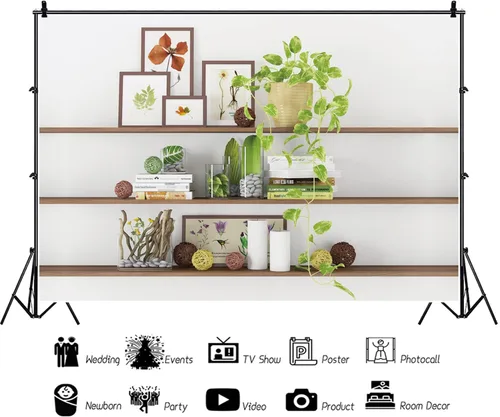 Vista 3 de Telón de fondo moderno de 5 x 3 pies para decoración de sala de estar, estantería de plantas verdes, telón de fondo de oficina