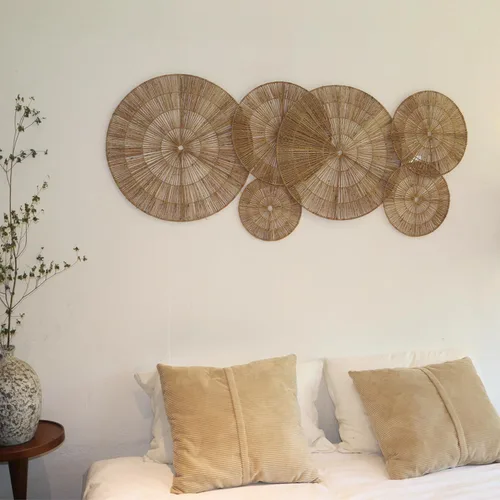 Vista 5 de Juego de 6 piezas de decoración de pared de mimbre, cestas planas de yute, arte de pared tejido para decoración sobre la cama, plato decorativo