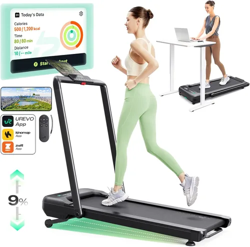 Vista 10 de UREVO Smart Treadmill with 9% Incline, 3-in-1 Foldable Treadmill with Handle for Home/Office Fitness, Runner-Focused Design, 6 HIIT Programs & Auto