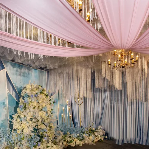 Vista 11 de Cortinas de techo de gasa, 6 paneles de 5 x 15 pies, cortinas de techo beige para boda, tela transparente, cortinas decorativas para eventos