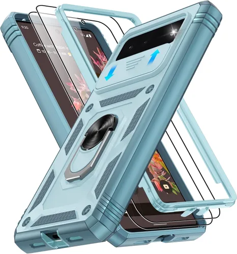 Vista 99 de Gritup Funda para Google Pixel 6 con cubierta deslizante para cámara y protector de pantalla (2 unidades), soporte de anillo giratorio 360°, funda