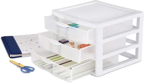 Vista 7 de Tribello Almacenamiento de plástico con 3 cajones, mini cajón, marco blanco con cajones transparentes para almacenamiento de manualidades, 10