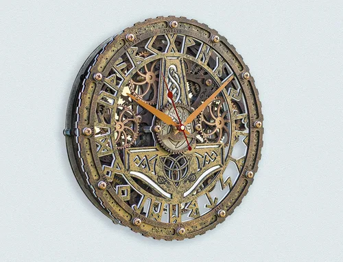 Vista 5 de Automaton Bite 1682 Mjölnir (martillo del dios Thor) Reloj de pared con engranajes móviles, arte de pared grande y silencioso para el hogar, regalo