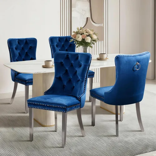 Vista 45 de Juego de 2 sillas de comedor de terciopelo con patas de madera, color beige Mid Century Modern Dining Chairs,Upholstered Chairs with Nailhead