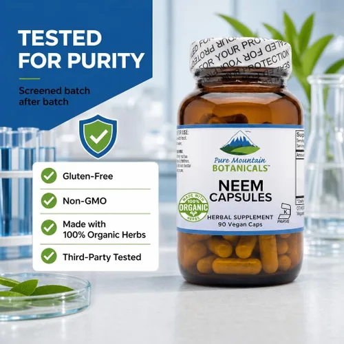 Vista 3 de Pure Mountain Botanicals Neem Cápsulas – Hoja de Neem orgánica de 500 mg – 90 cápsulas Kosher veganas – Suplemento para la piel y el bienestar
