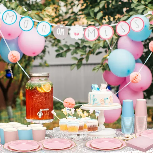 Vista 4 de Nitial 462 piezas de suministros para fiesta de revelación de género, vajilla para baby shower, niños o niñas, platos de revelación de género rosa