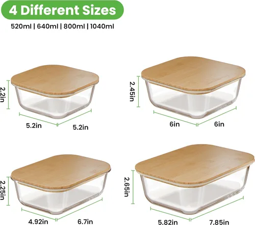 Vista 2 de Paquete de 4 recipientes de vidrio para almacenamiento de alimentos con tapas de bambú, vajilla de vidrio para preparación de comidas con tapa