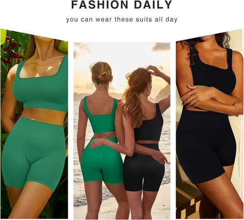 Vista 2 de FeelinGirl Conjuntos de entrenamiento para mujer, 2 piezas, sin costuras, brasier deportivo acanalado, pantalones cortos de cintura alta, tallas