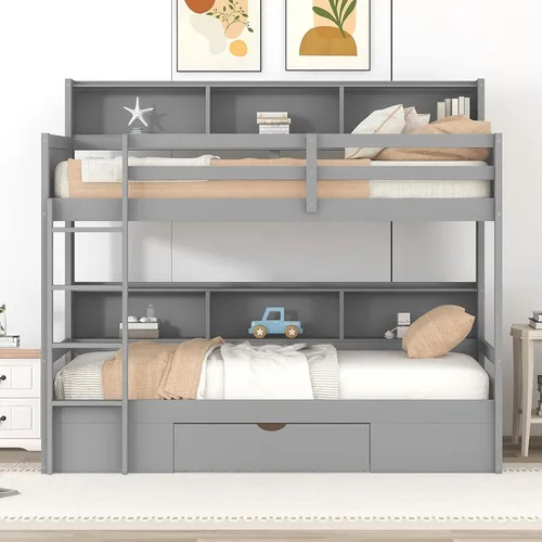 Vista 3 de Litera moderna de madera con cajón, literas individuales sobre individuales con estantes integrados junto a la cama superior e inferior, marco