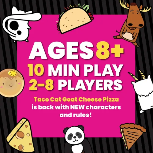 Vista 4 de Taco Cat Goat Cheese Pizza On The Flip Side Juego Divertido Independiente de Expansión para la Noche de Juegos Familiares Rondas Fáciles de 15