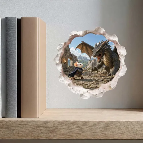 Vista 7 de Calcomanía de pared 3D con agujero de ratón de Caballero Guerrero en un agujero de ratón