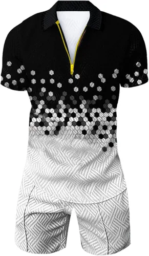 Vista 3 de Conjunto de camisa polo y pantalones cortos para hombre, trajes de verano a la moda, casual, de manga corta, traje deportivo para hombre, 2 piezas
