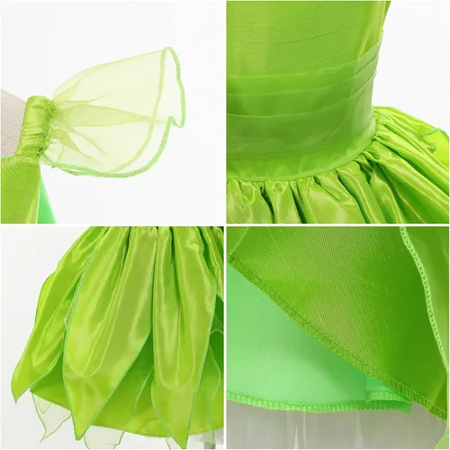 Vista 5 de Kosgraiy Disfraz de Campanilla para niñas, vestido de hada para niñas pequeñas con orejas y alas de elfo duendecillo, vestido de princesa de hadas