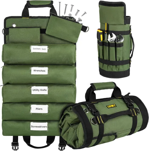 Vista 7 de Bolsa de herramientas, organizador grande de herramientas enrollable, bolsa de almacenamiento de rollo de herramientas de 13 bolsillos, bolsa