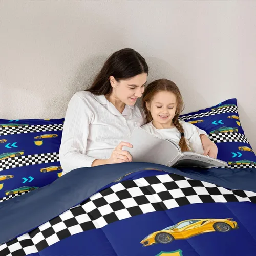 Vista 6 de Feelyou Juego de edredón de coche de carreras, tamaño individual, juego de ropa de cama de coche deportivo de velocidad para niños y niñas, edredón