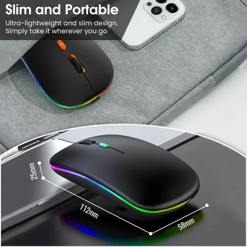 Vista 7 de GLOBAL TECH Ratón inalámbrico LED, mouse silencioso inalámbrico recargable delgado, 2.4G, portátil, USB, inalámbrico, inalámbrico, con receptor USB