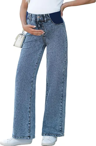Vista 6 de BLENCOT Vaqueros de maternidad para mujer de cintura alta con pierna recta, pantalones de embarazo de mezclilla con bolsillos