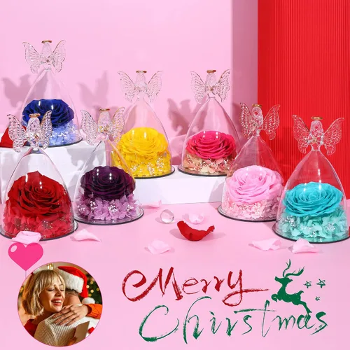 Vista 6 de Regalo de rosa para el día de la madre, rosa real preservada en figura de ángel de cristal grande, regalos de rosas para mujeres, regalo de flores