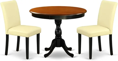 Vista 14 de East West Furniture AMAB3-BCH-61 - Juego moderno de 3 piezas antiguo que contiene una mesa de cocina redonda con pedestal y 2 sillas de comedor