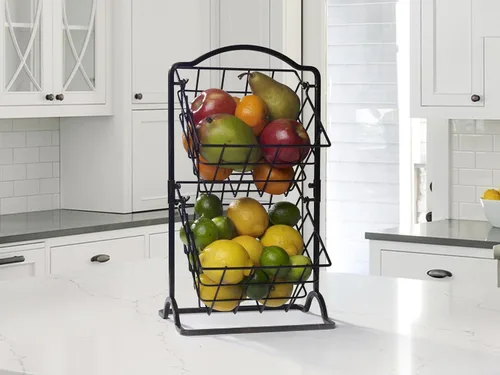 Vista 3 de Gourmet Basics by Mikasa General Store - Cesta de almacenamiento de frutas de metal de 2 niveles, color negro antiguo