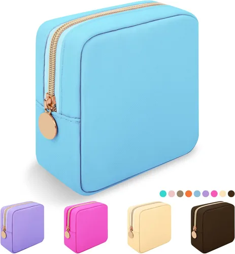 Vista 41 de Iqimott Bolsa Grande de Maquillaje de Nylon, Neceser de Viaje, Bolsa Grande de Cosméticos Preppy, Organizador de Maquillaje de Nylon, Bolsa de Beige