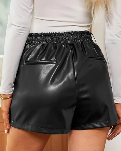 Vista 5 de luvamia Pantalones cortos de piel sintética para mujer, cintura alta, plisados, pierna ancha, elásticos, con bolsillos, pantalones cortos de piel