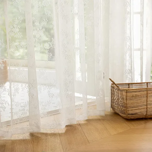 Vista 2 de Cortinas semitraslúcidas de encaje blanco de 54 pulgadas de largo, juego de 2 paneles de cortinas plisadas florales para ventana, dormitorio, sala