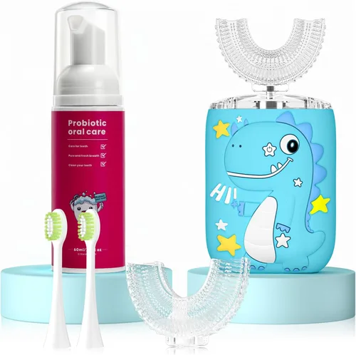 Vista 12 de Cepillo de dientes eléctrico en forma de U para niños, dinosaurio sónico, de boca completa, con 4 cabezales de cepillo suave, automático, 6 modos