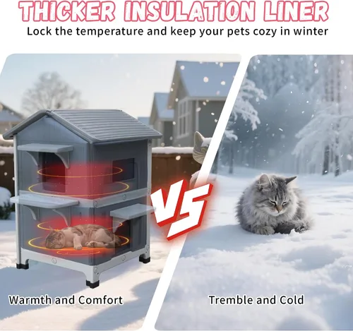Vista 4 de Casa de plástico para gatos al aire libre – Casa para gatos para exteriores con forro aislante para invierno, 100% resistente a la intemperie