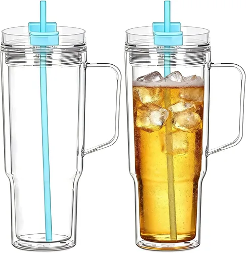 Vista 12 de Vasos de plástico de 40 onzas con asa, tapa de rosca con popote incluido, botella de agua reutilizable de doble pared a prueba de fugas, taza