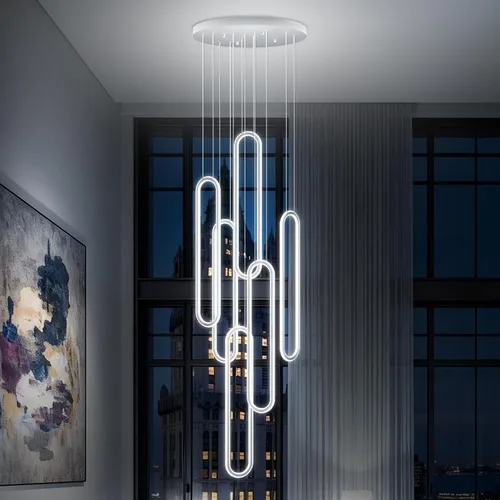 Vista 23 de Flashing God Candelabro moderno, candelabros cromados con 6 anillos LED, lámpara de techo alto más grande para sala de estar, lámpara rectangular
