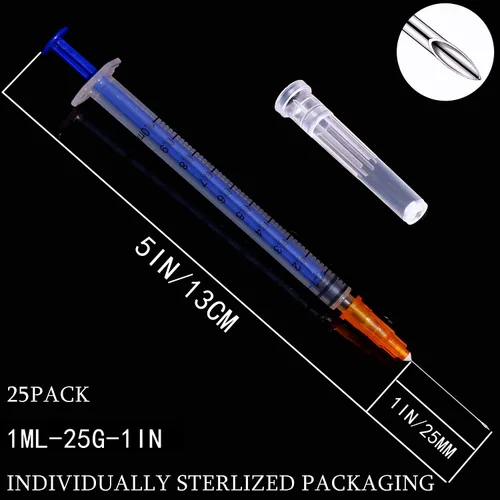 Vista 2 de Paquete de 25 jeringas de plástico de 1ml/cc con 25 Ga y tapa, envueltas individualmente selladas, para laboratorios científicos, medición