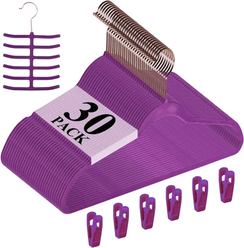 Vista 8 de VECELO Perchas de terciopelo de alta calidad resistentes (paquete de 30), antideslizantes y ahorran espacio con 6 clips para los dedos y soporte