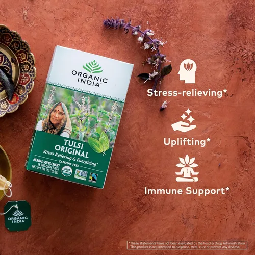 Vista 4 de ORGANIC INDIA Tulsi Té de Hierbas Original - Té de Albahaca Sagrada y Albahaca Africana Calmante y de Alivio del Estrés, Apoyo Inmunológico